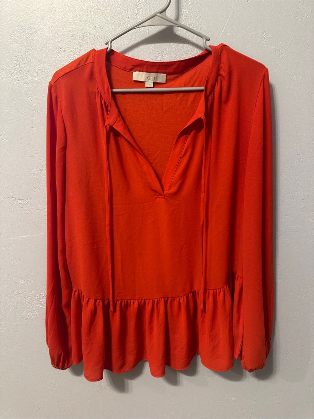LOFT Bright Red V-Neck Peplum Long-Sleeve Blouse